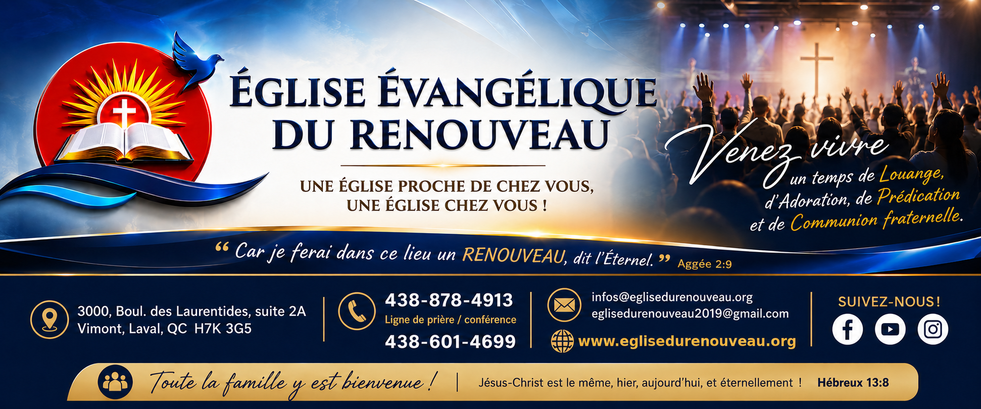Bannière de l’Église Évangélique du Renouveau avec ses coordonnées, son adresse et son invitation à la louange