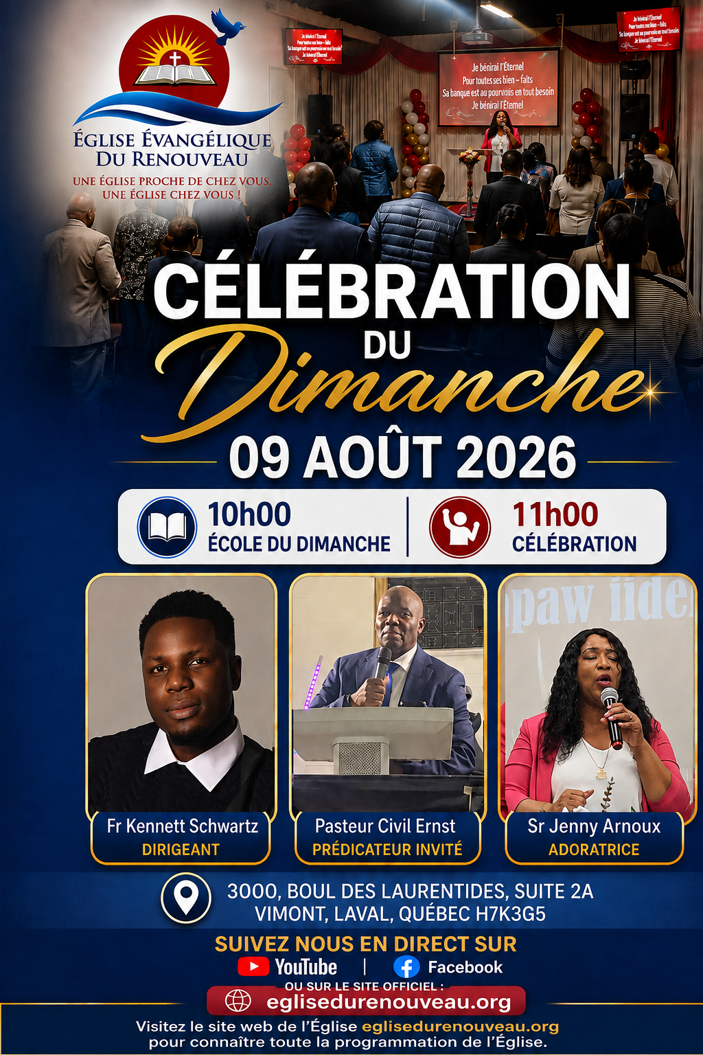 Affiche de la célébration du dimanche 9 août 2026 avec Fr Kennett Schwartz, le Pasteur Civil Ernst et Sr Jenny Arnoux